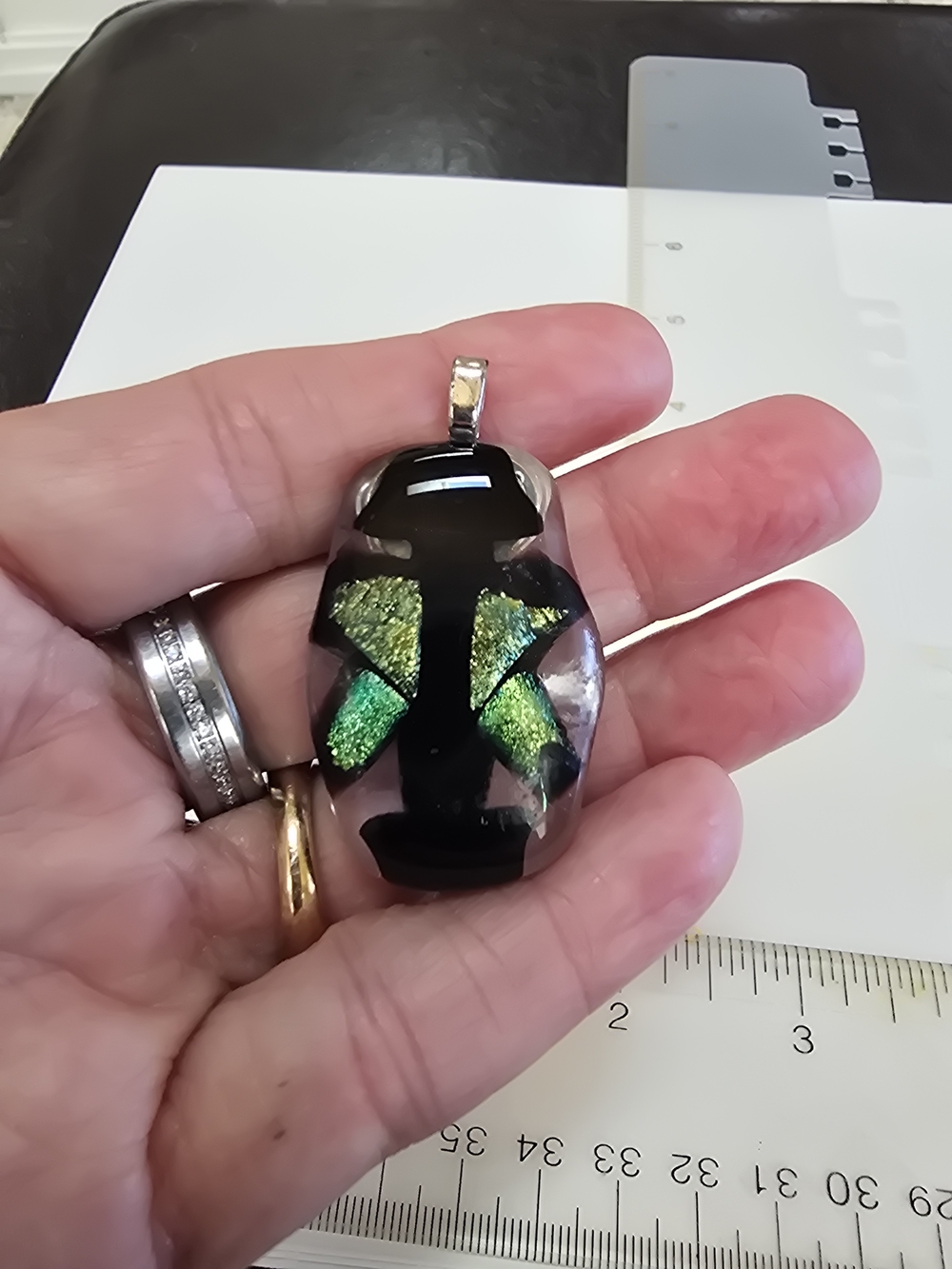 Handmade Black Glass Pendant with Iridescent Green Accent